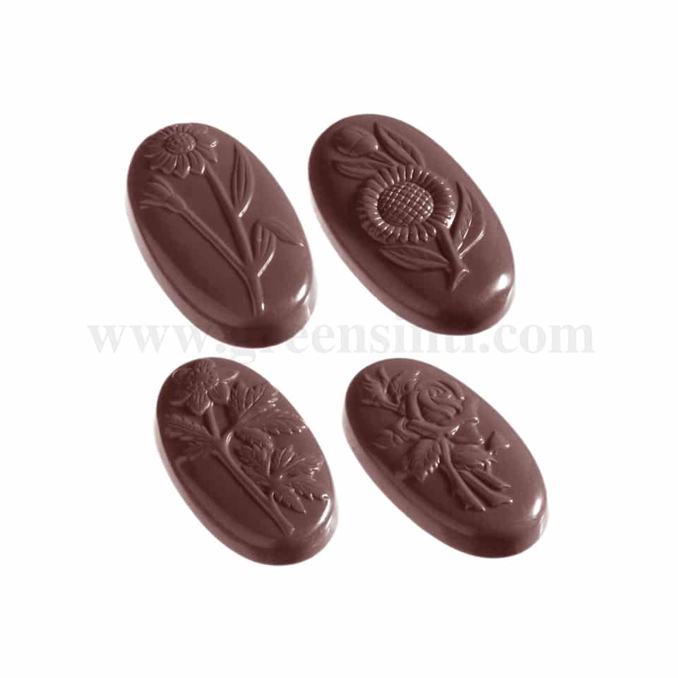 CHOCOLATE WORLD Polycarbonate Chocolate Mould Flower Caraque Oval 5 Fig -53 x 30 x h 9 mm